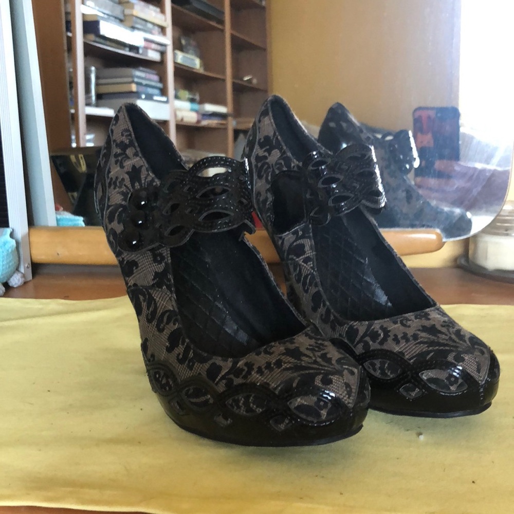 Brown with black floral heels